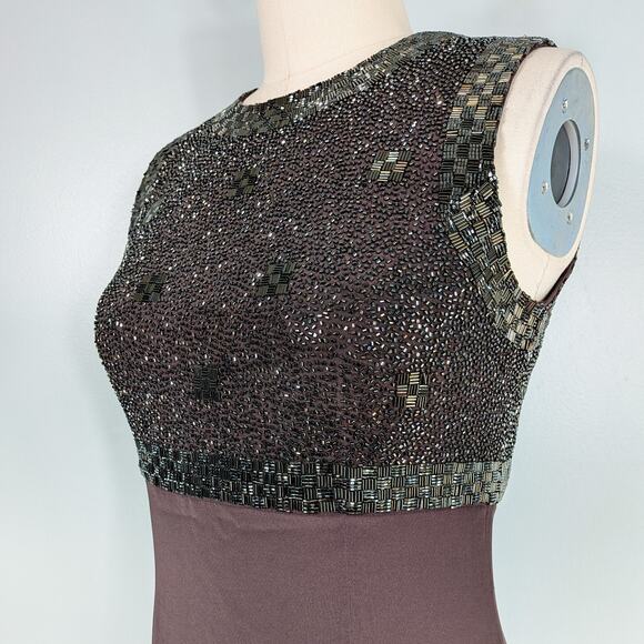 Vintage Oleg Cassini Beaded Maxi Dress Evening Gown 8 Brown Gold Sheath Guest - Picture 6 of 10